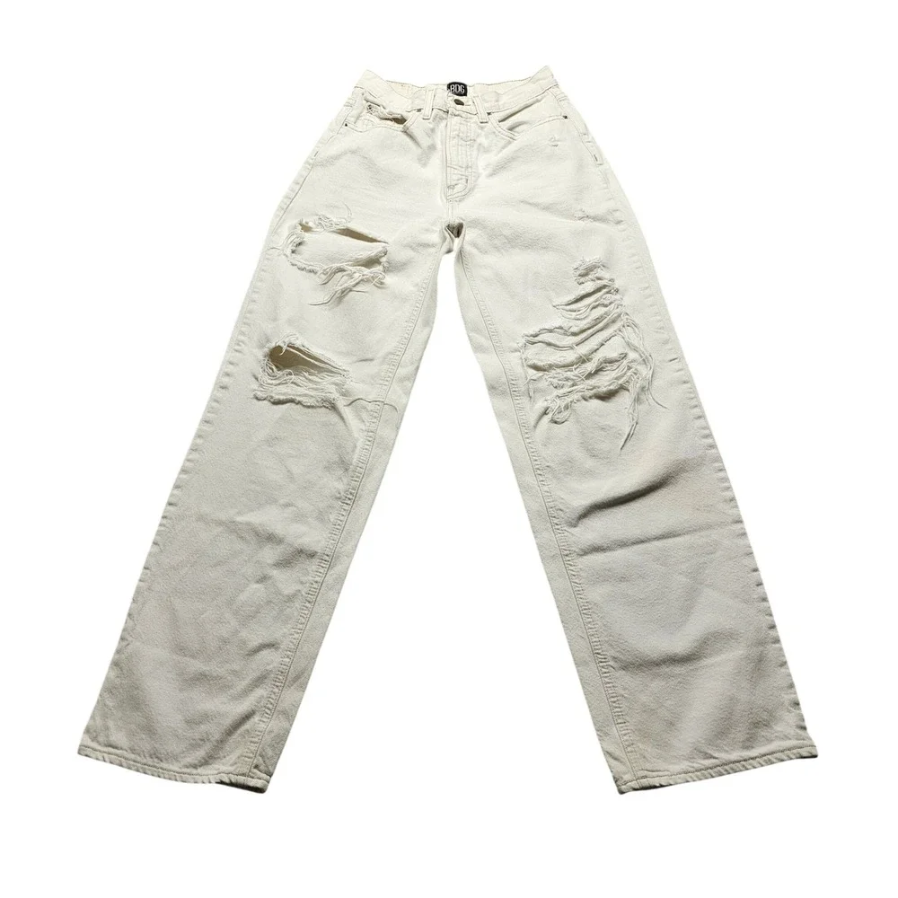 BDG Urban Outfitters High-Rise Baggy Jeans 26 Cream Distressed Wide Leg Denim
